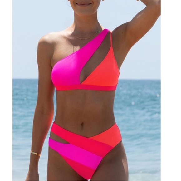 Popvil neon bright bikini set cut out one piece NWT size XL swimsuit swimwear - Picture 1 of 6